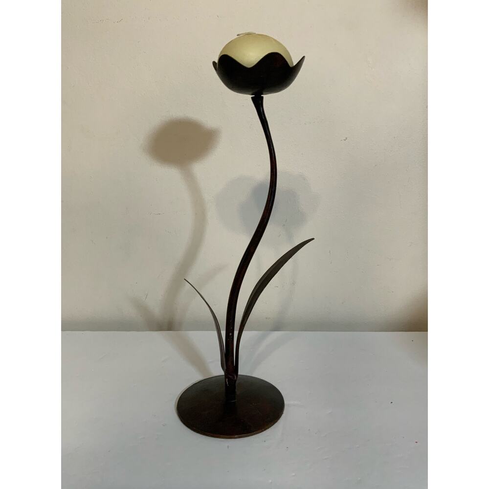 Metal Flower Candle Holder Single Stem Floral Decor Brown Base USED